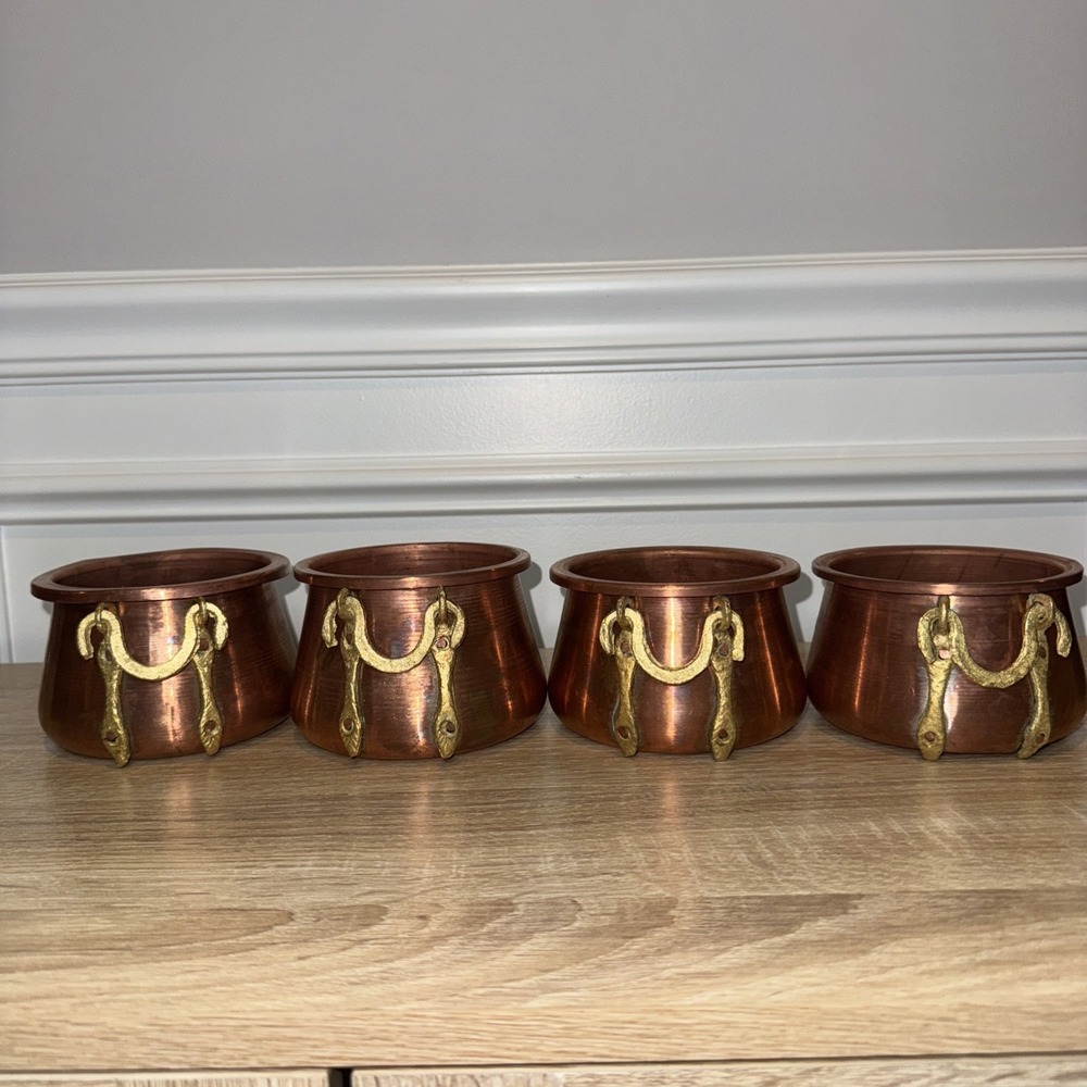 Vintage M Sitki Copper Small Pot Double Brass Rings Made In Turkey 4.5"x3x4.75"‎